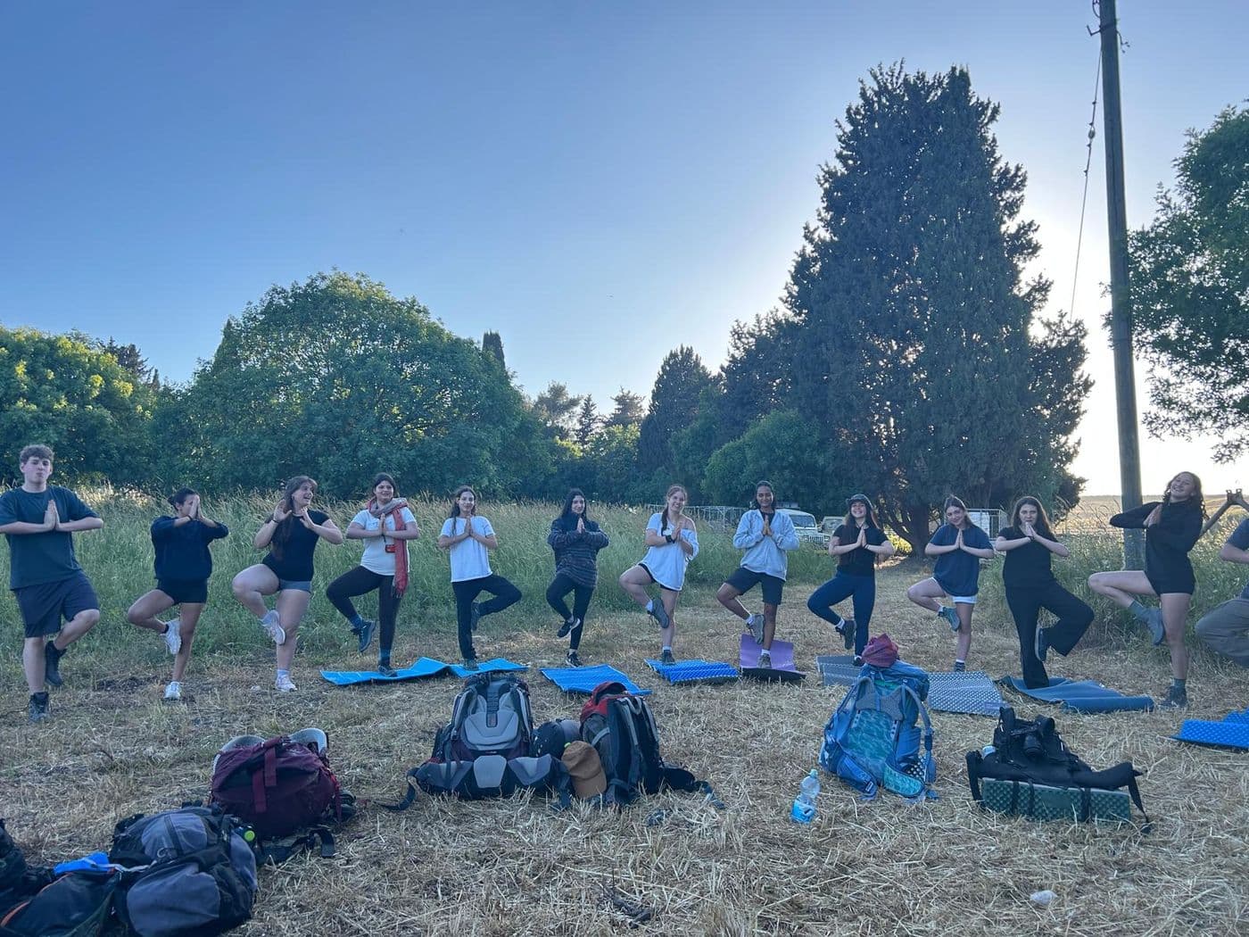 The group practising together in a circle on mats in a green field