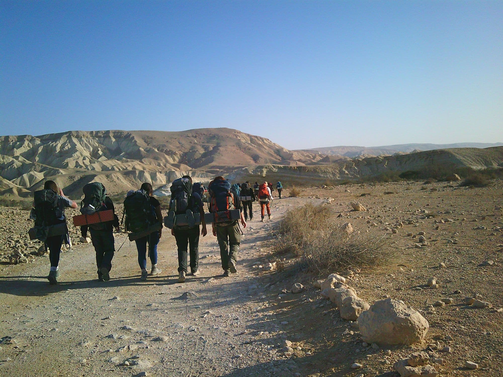 The group walking a desert trail with full packs
